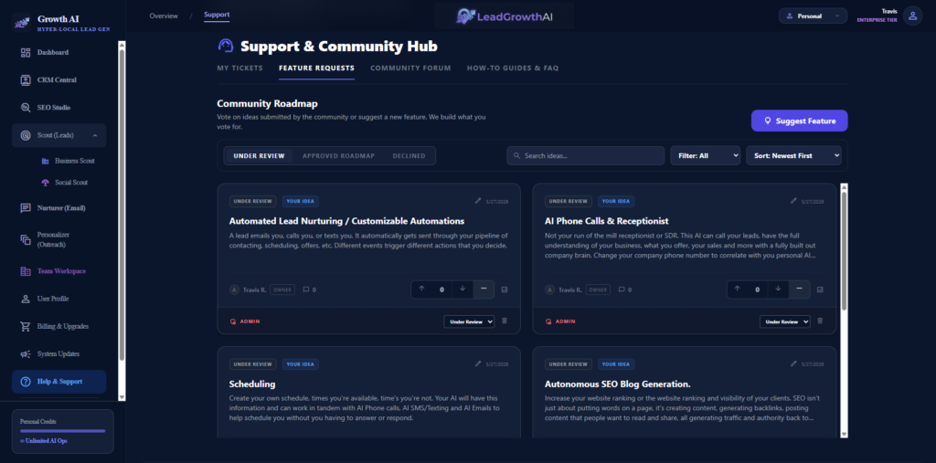 support and community feature requests